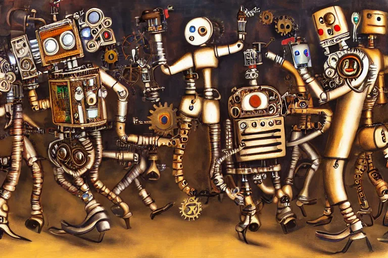 Prompt: steampunk robots dancing by otto dix, 4 k