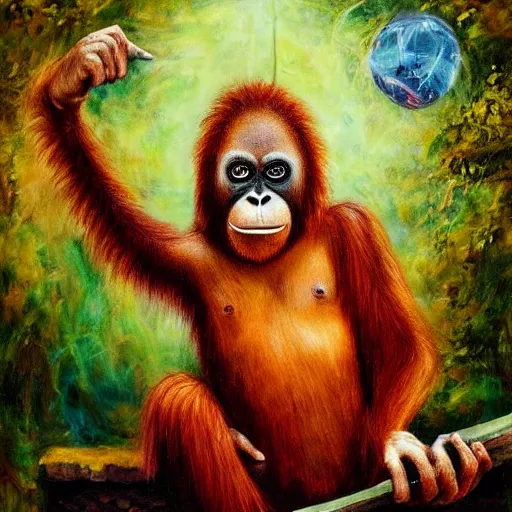 Image similar to orangutan wizard casting a spell and holding a spellbook, oil painting, magic