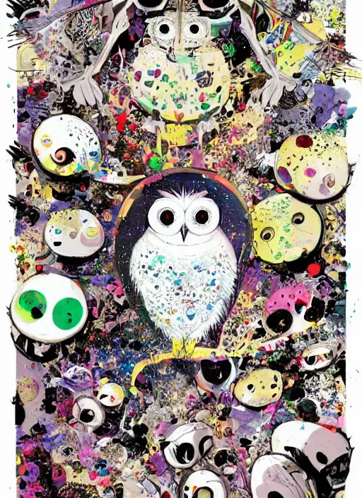 Prompt: arrogant elegant medium shot of white one - eyes owl dressed in samurai garment, pixiv fanbox, dramatic lighting, maximalist pastel color palette, splatter paint, pixar and disney exploded - view drawing, graphic novel by fiona staples and dustin nguyen, peter elson, alan bean, wangechi mutu, clean cel shaded vector art, trending on artstation