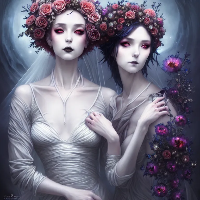 Image similar to stunning anime bride and groom hybrid of the floral river flowers, beautiful gothic dress in a dark romance, misty, by cgsociety, in the style of charlie bowater, tom bagshaw, intricate, beautiful, artstation 8 k, high resolutionsparkling atom fractals of jewls cords, by alex grey and hr giger