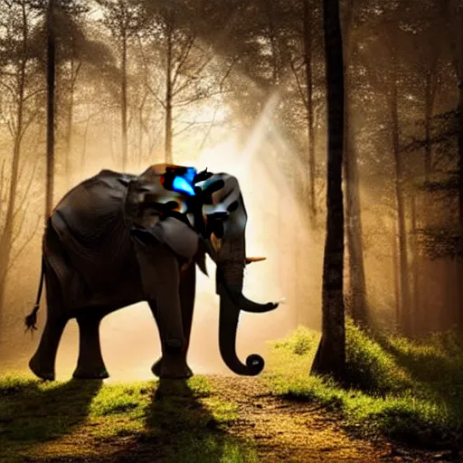 Prompt: An elephant walking in a forest, natural lighting, sunbeams, golden hour, misty atmospherics