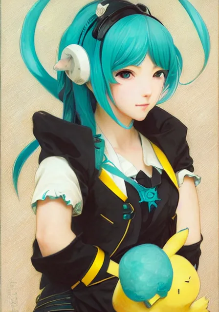Image similar to hatsune miku holding pikachu, intricate, elegant, highly detailed, digital painting, artstation, concept art, smooth, sharp focus, illustration, art by artgerm and greg rutkowski and alphonse mucha and william - adolphe bouguereau