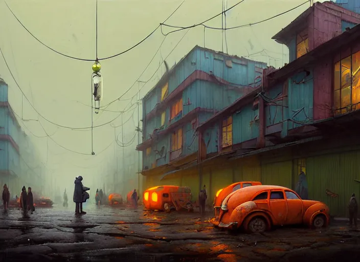 Image similar to waiting in line for cold soup by simon stalenhag and gil elvgren and tom bagshaw and marc simonetti and quint buchholz and jan miense molenaer, slums, highly detailed, hyperrealism, dreary, cold, cloudy, grey, smog, high contrast, solarpunk, high saturation