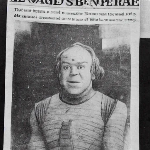 Prompt: an old newspaper photograph of shrek