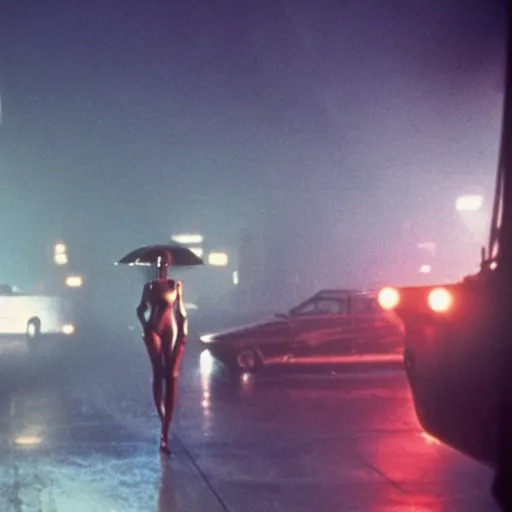 Image similar to 1 9 8 2 film stills of blade runner, with rachel with beyonce, and doja cat, having a night on the town. rainy and smoky with futuristic vehicles overhead and people carrying neon umbrellas.