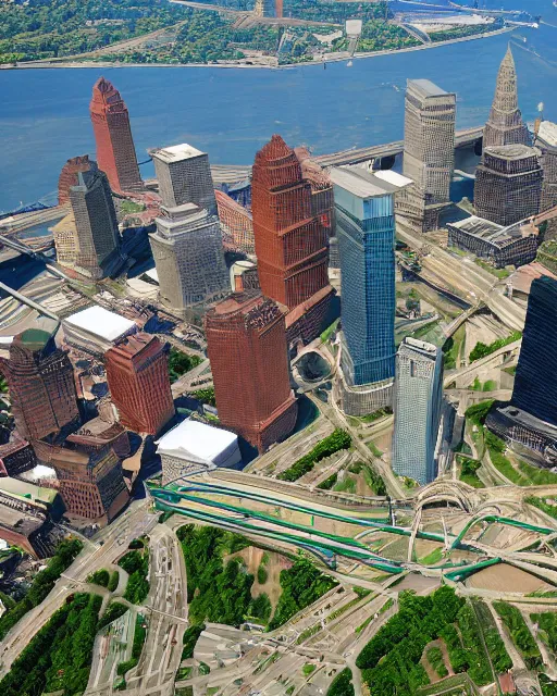 Image similar to Cleveland Ohio as a green energy futuristic megalopolis with 100 million people, beautiful parks, futuristic train and transportation systems