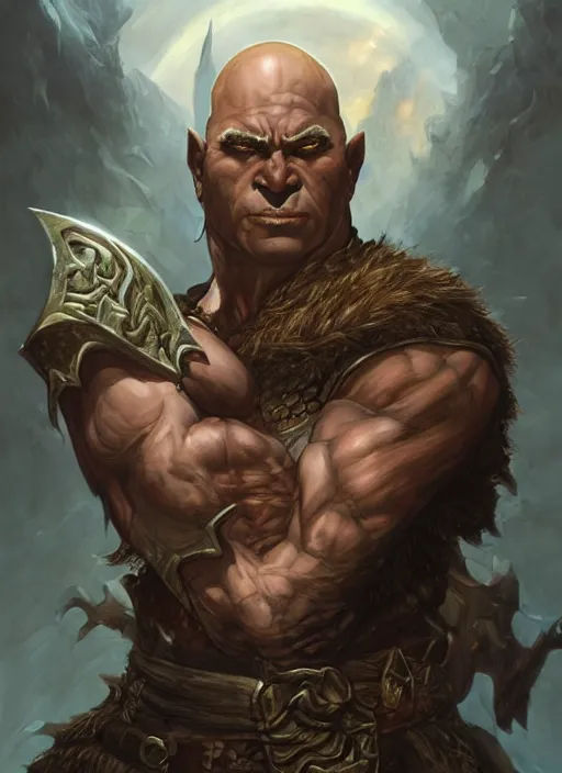 Prompt: a fantasy comic book style portrait painting of a bald half - orc male warrior, art by artgerm, karol bak, mark brooks, donato giancola, bayard wu, 4 k, 4 0 9 6, hires, focus