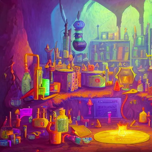 Image similar to these monsters are consumed by fire, yet they remain unharmed. they are surrounded by the tools of the alchemist's trade - beakers and test tubes full of colorful liquids, crystals, and books of ancient knowledge. the scene is suffused with an eerie glow, as if something magical is happening here.