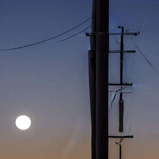 Prompt: photo of low moon behind power pole, telephoto lens