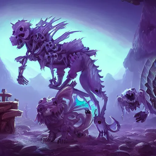 Prompt: cute skeleton animal creatures. hearthstone animal creatures, graveyard background, bright art masterpiece artstation. 8k, sharp high quality artwork in style of Jose Daniel Cabrera Pena and Greg Rutkowski, violet theme, concept art by Tooth Wu, hearthstone card game artwork