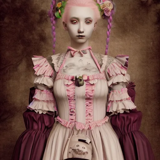 Image similar to 8 k, octane render, realism, tonalism, renaissance, rococo, baroque, cotton candy, portrait of a creepy young lady wearing long - harajuku manga - dress with flowers! and skulls