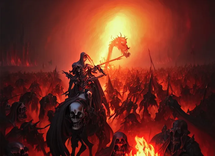 Image similar to ainz ooal gown leading his undead army to battle riding a flaming skeleton horse, skeleton soldiers in background, highly detailed, deep focus, elegant, artstation, digital painting, smooth, sharp focus, illustration, ultra realistic, 8 k, art by artgerm and greg rutkowski and alphonse mucha