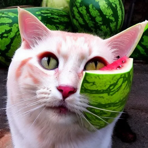 Image similar to a perfect hybrid fusion of the flesh : cat + watermelon + bee