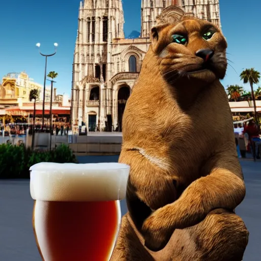 Prompt: A wild humanoid Puma holding a fresh beer with its paws in the city centrum from Palma de Mallorca with Palma Cathedral in the background, highly detailed, octane render