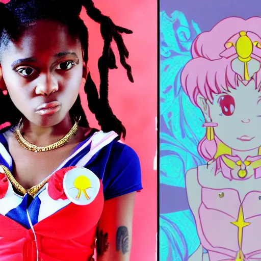 Prompt: Chief Keef dressed as Sailor Moon, portrait, 35mm film