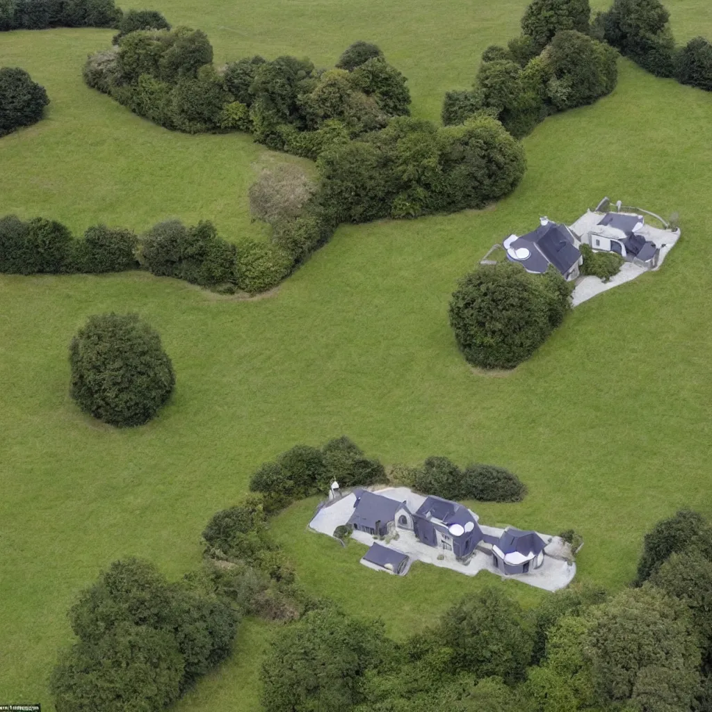 Image similar to a surrealist house with drone propellers, hovering over a field, perfect symmetry, view from the front,