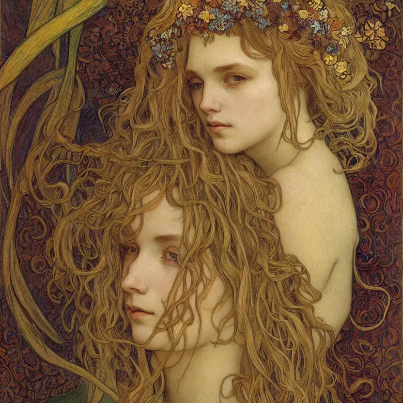 Image similar to detailed realistic beautiful young medieval queen face portrait by jean delville, alphonse mucha, vincent van gogh, and marco mazzoni, art nouveau, symbolist, visionary, gothic, pre - raphaelite