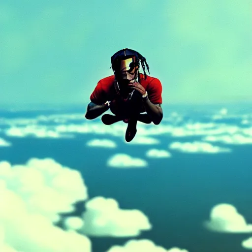 Image similar to Travis Scott floating over Earth, 4k, Aubrey Powell, vintage photo, beautiful cinematography, surreal, film grain