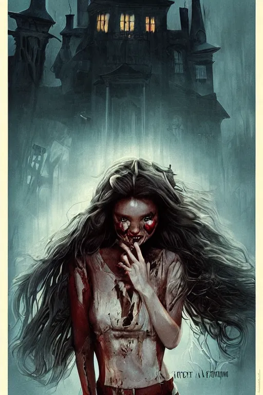 Image similar to a movie poster, movie poster, 1980, movie poster, horror movie staring miranda kerr, haunted house themed, by artgerm and greg rutkowski