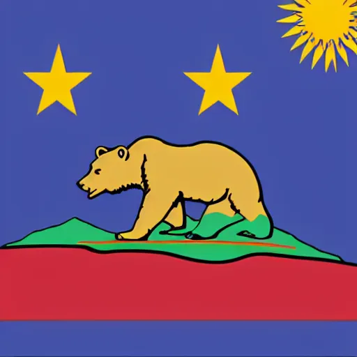 Image similar to California state flag with a robot riding on top of the bear