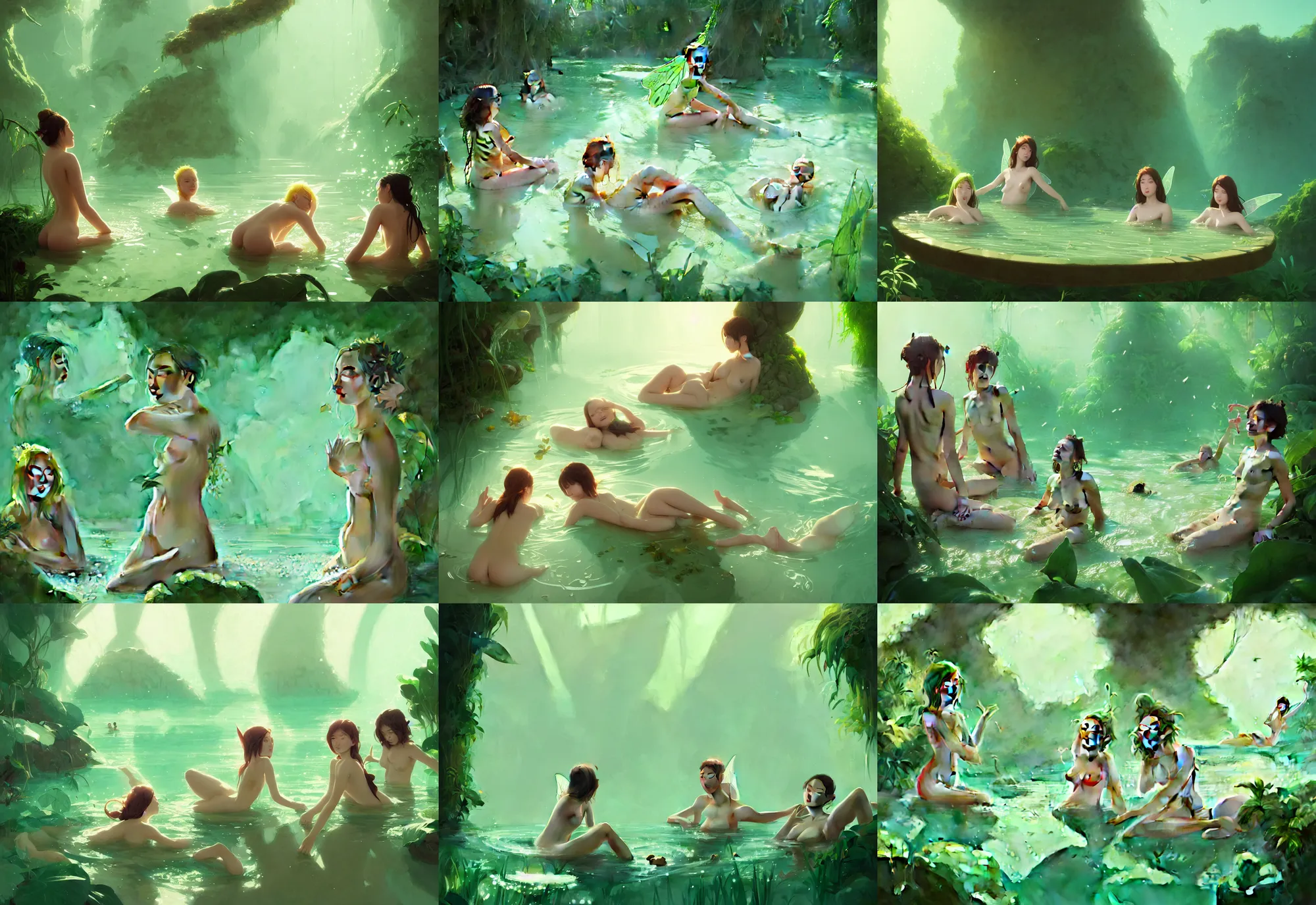 Prompt: portrait of two beautiful fairies bathing in plant bikinis in water, sun yunjoo, fantasy, by atey ghailan, by greg rutkowski, by greg tocchini, by james gilleard, by joe gb fenton, dynamic lighting, gradient light green, brown, blonde cream and white color in scheme, grunge aesthetic