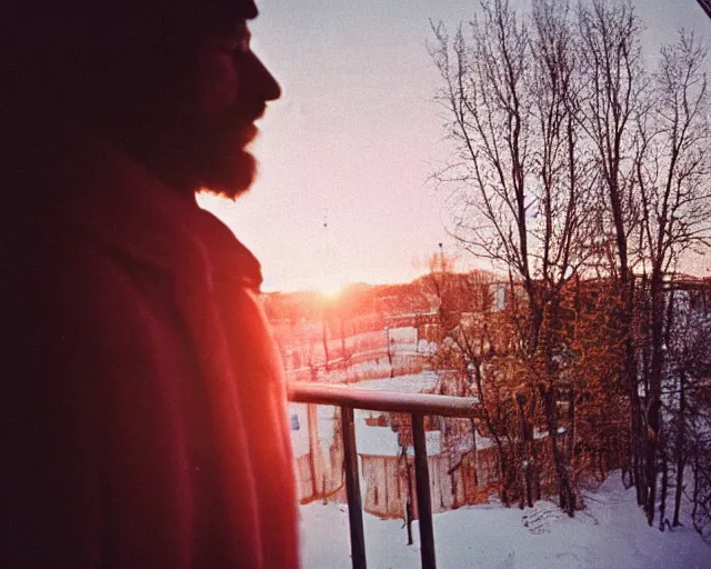 Image similar to lomographic tarkovsky film still of 4 0 years russian man with beard and sweater standing on small hrushevka 9 th floor balcony in taiga looking at sunset, perfect faces, cinestill, bokeh