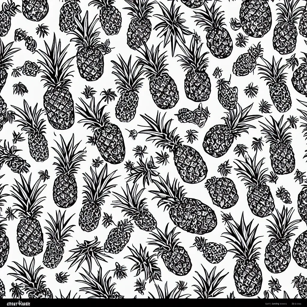 Prompt: seamless pattern parots and pineapples. black and white, drawing, white background, seamless, ornament.