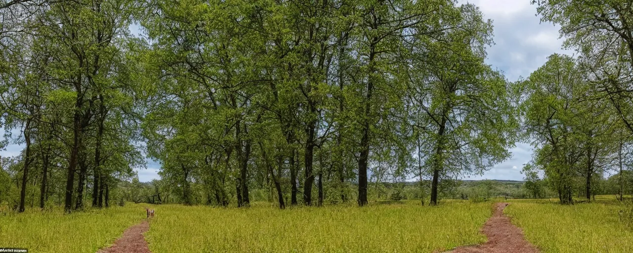 Image similar to at the dam there was a field, with a path running through it, and the sky was a pale blue with no clouds, and the trees stood silent in their verdure