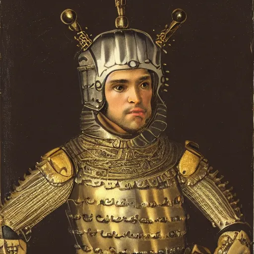 Prompt: man in white and decorated with gold medieval baroque style armor and helmet and golden cross on his chest