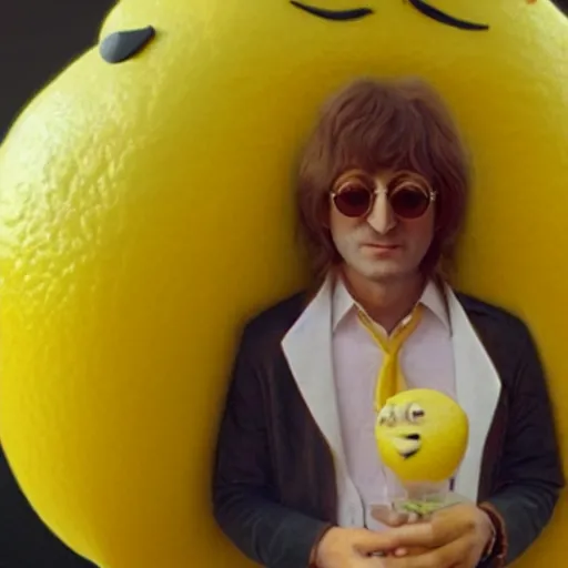 Image similar to john lennon inside a lemon costume, ultra realistic, highly detailed, colorized, 4 k