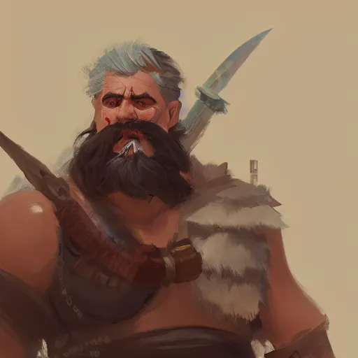 Image similar to portrait old barbarian warrior with trucker mustache and short hair, 8 k, trending on art station, by tooth wu and greg rutkowski