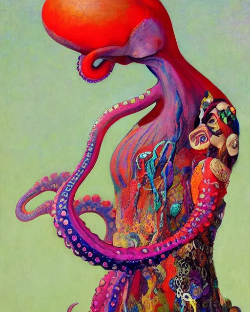 Image similar to a beautiful girl wearing a colourful octopus as a dress, painted by edgar maxence, edward hopper, wayne barlowe and james gilleard, airbrush, art by jamesjean