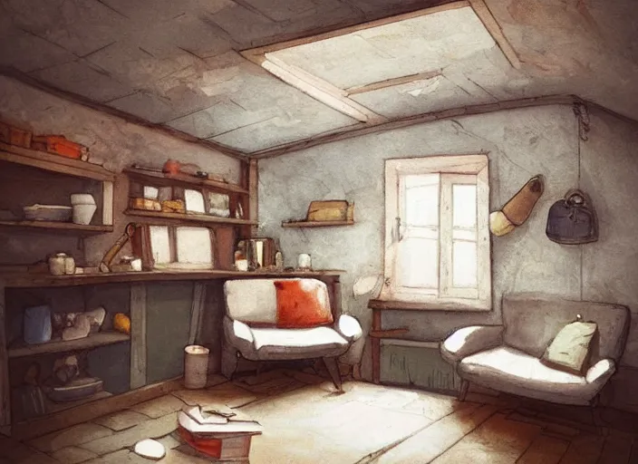 Image similar to placid auburn cute cluttered painterly hard tiny cramped dusty attic, slanted ceiling, tiny angular space, cupboards, cabinets, busy, particulate, trending on pixiv