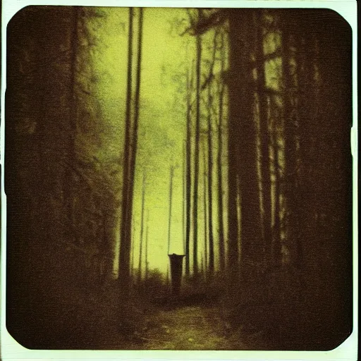 Image similar to glowing eyes in a dark forest, old polaroid, expired film, lost footage, nightmare, creepy, horror, unsettling,