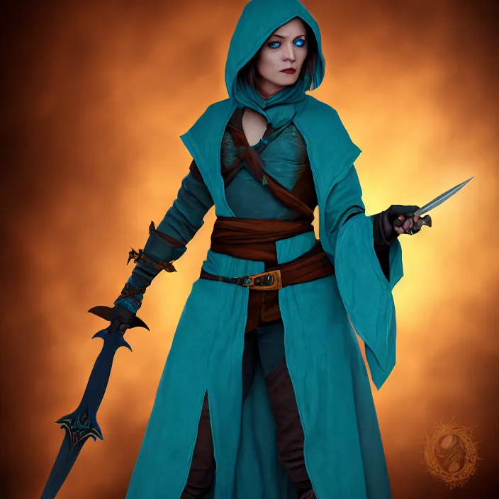 Prompt: photograph of a real-life beautiful rogue with ornate teal robes and daggers. Extremely detailed. 8k