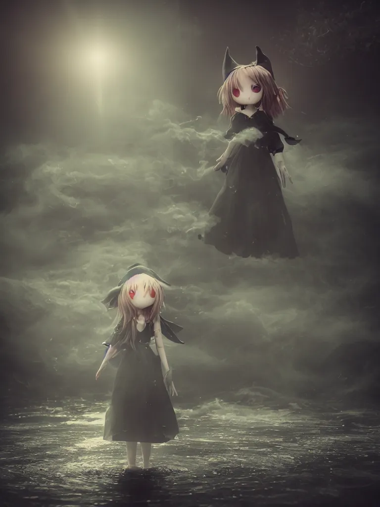 Image similar to cute fumo plush girl witch standing in reflective murky river water, otherworldly gothic horror maiden in tattered cloth, hazy heavy swirling volumetric fog and smoke, moonglow, lens flare, vray