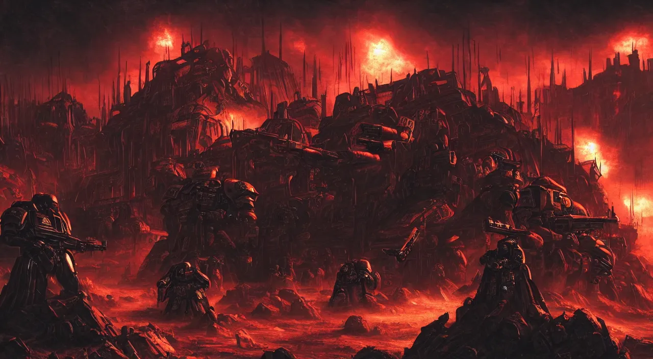 Prompt: Adeptus Astartes shooting in a Hellscape world