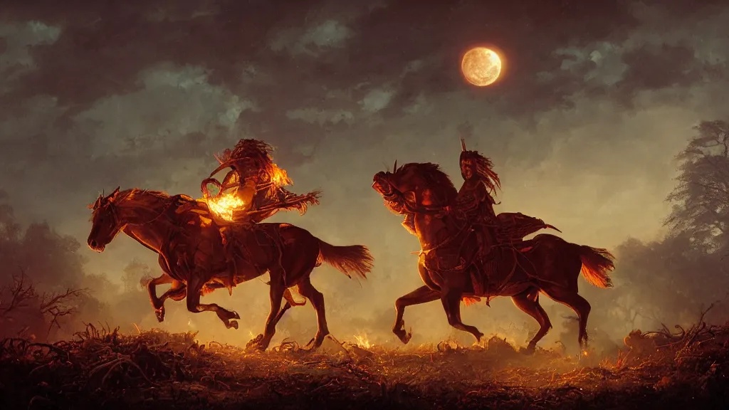 Image similar to a colonial rider!!!! with jack - o - lantern head on lone rampant!!! ( ( black horse ) ) with fiery eyes, background gnarled trees and large supermoon, in the styles of greg rutkowski, keith parkinson, and john quidor, intricate, detailed, volumetric lighting