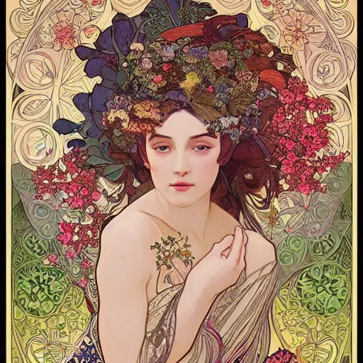 Prompt: an intricate painting of a beatiful young woman with a lot of flowers and plants on its head, birds, poster art by android jones, by alphonse mucha, behance contest winner, generativ line art