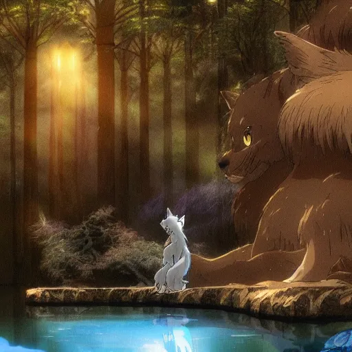 Prompt: a spirit wolf forest drinking water from an illuminated pool, hayao miyazaki, masashi ando, nizou yamamoto, kazuo oga, joe hisaishi, yoji takeshige, naoya tanaka