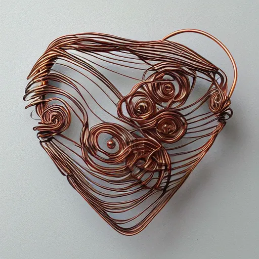 Image similar to a very beautiful tiny human heart organic sculpture made of copper wire and threaded pipes, very intricate, curved. studio lighting, high resolution, high quality, black background