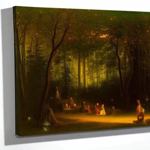 Image similar to an enchanted forest full of fireflies, night, warm light, by albert bierstadt