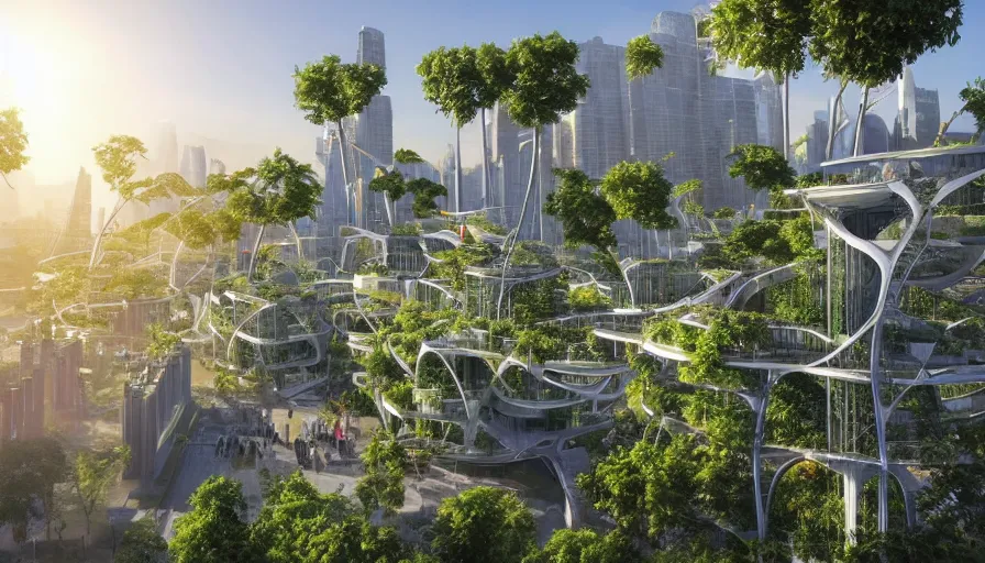 Sunrise over solarpunk city, many trees and plants,, Stable Diffusion