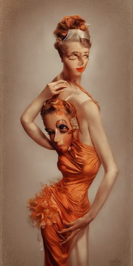 Image similar to a beautiful hyperrealistic portrait pose of a stunning 1950’s burlesque model in a cream-and-orange dress looking happy, intricate, elegant, highly detailed, smooth, sharp focus, award-winning, masterpiece, in the style of Tom Bagshaw, Cedric Peyravernay, Peter Mohrbacher