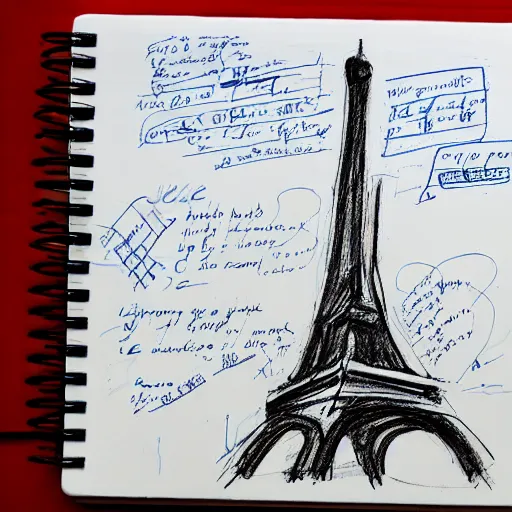 Image similar to the eiffel tower sketched on a notebook