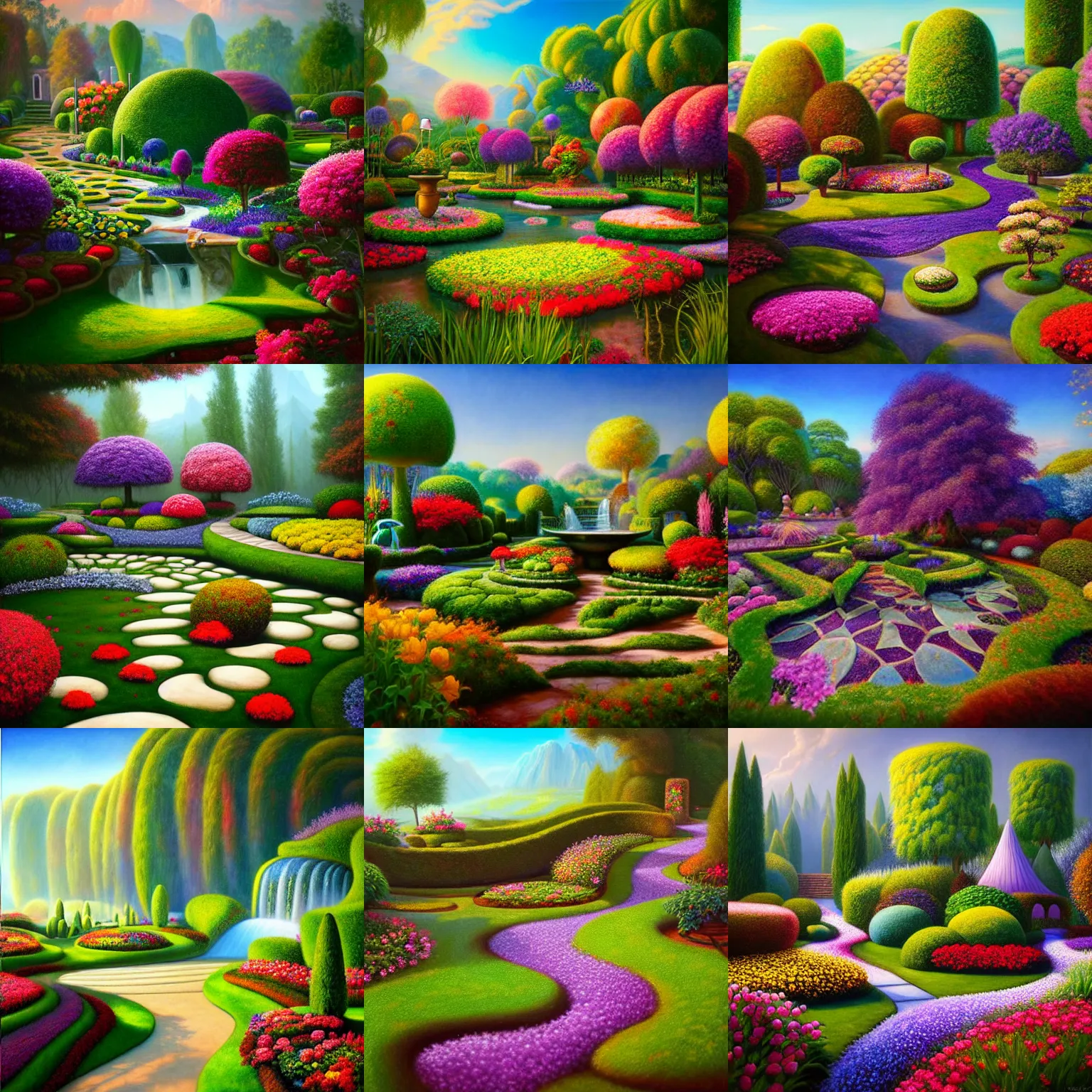 Prompt: a gorgeous, fantastic, magic garden landscape by michael kidd, unreal engine, trending on artstation, artgerm, oil on canvas, unsaturated colors