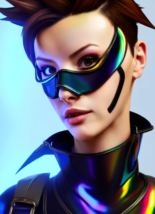 Image similar to hyperrealistic style portrait digital artwork of tracer overwatch, confident pose, wearing black iridescent rainbow latex, 4 k, expressive happy smug expression, makeup, in style of mark arian, wearing detailed black leather collar, wearing sleek armor, black leather harness, expressive detailed face and eyes,