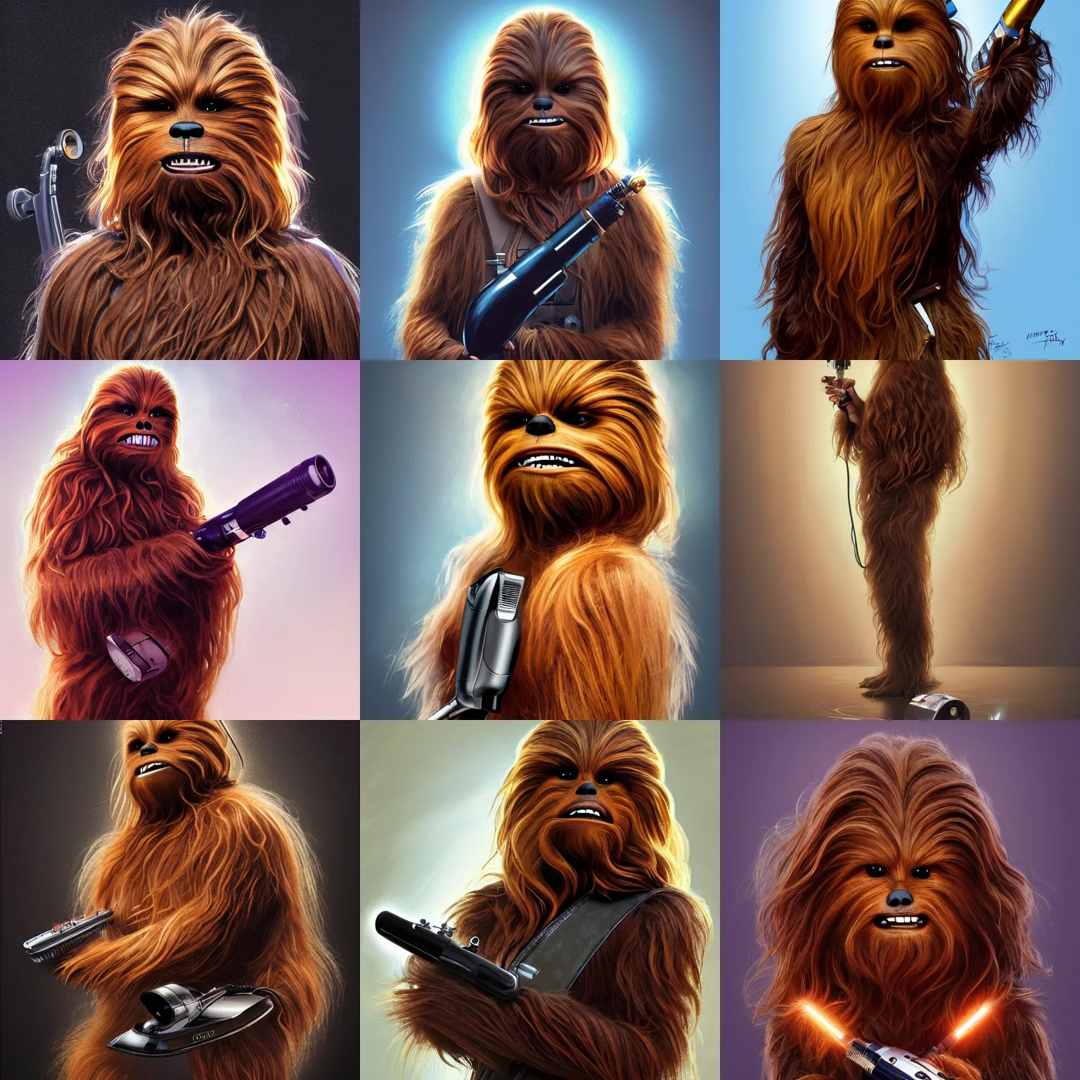 Prompt: portrait photography of Chewbacca with hair curlers and holding an hair dryer, cinematic lighting, highly detailed, digital painting, artstation, concept art, smooth, sharp focus, illustration, art by Terry Moore and Greg Rutkowski and Alphonse Mucha