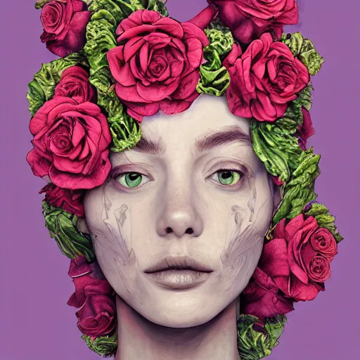 Image similar to the anatomy of a head of lettuce with roses that resemble a beautiful woman, an ultrafine detailed painting by james jean, intricate linework, bright colors, final fantasy, behance contest winner, vanitas, angular, altermodern, unreal engine, global illumination, radiant light, detailed and intricate environment