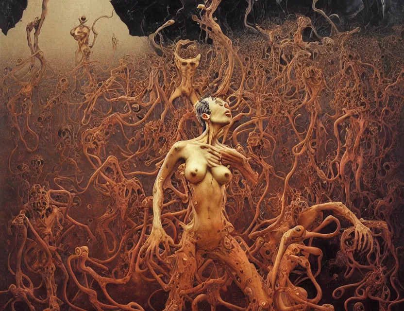 Image similar to professional fine artwork by Junji Ito of a group of cyborgs in hell. abstract expressionism thick flowing oil acrylic painting Futurism by beksinski carl spitzweg moebius and tuomas korpi. baroque elements. baroque element. intricate artwork by caravaggio. Oil painting. Trending on artstation. 8k